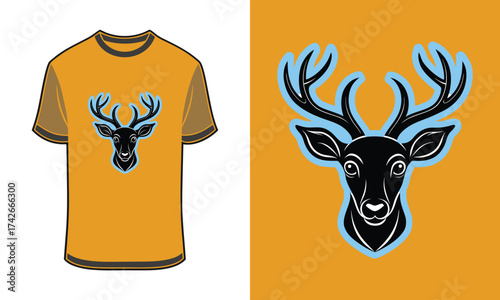 Stylized Tshirt mockup deer head with blue outline antlers orange vector