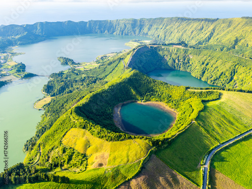 Sete Cidades Caldera. Blue Lake, Green Lake, Rasa Lake and Santiago Lake. Green Fields and Hills. Azores, Sao Miguel Island. Portugal. Aerial View