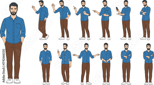 Cartoon man in fifteen expressive poses with beard, casual outfit, gesture variety for animation, character design, and storytelling themes