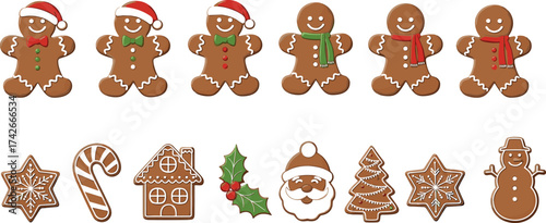 Christmas gingerbread characters and festive icons in holiday vector style for seasonal decoration, baking, celebration, and cheerful design themes