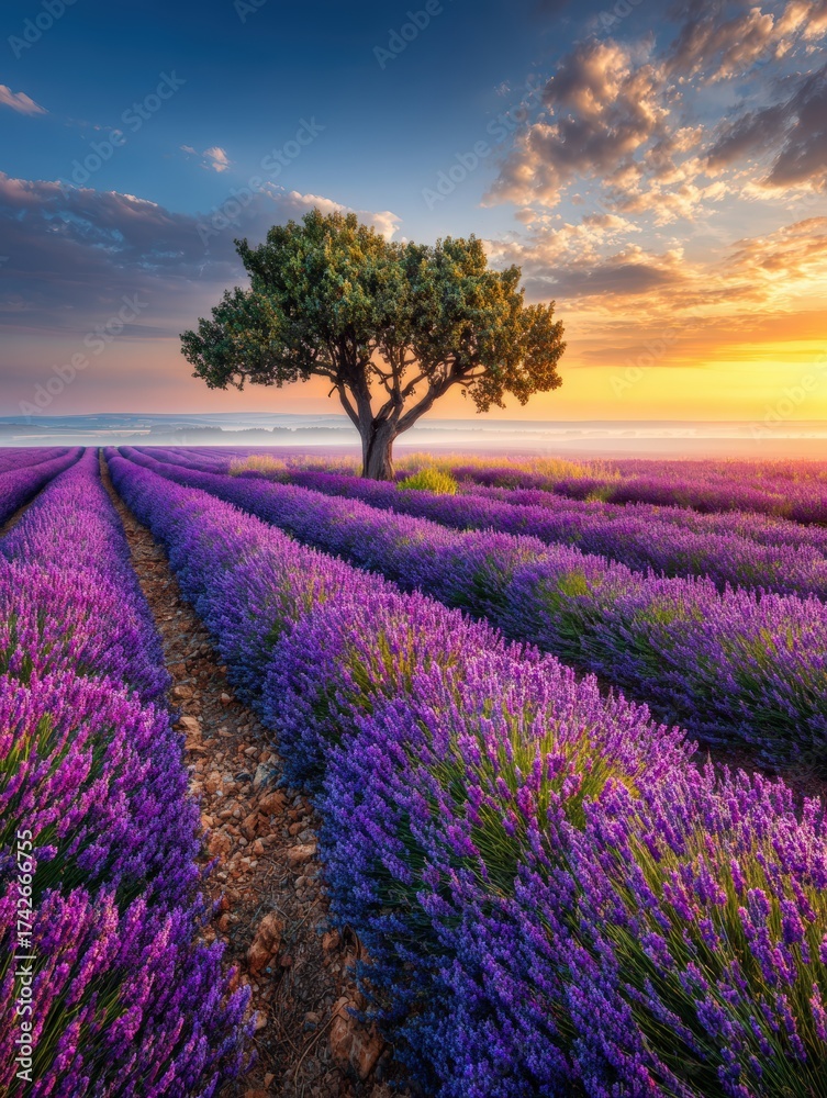 Obraz premium Tranquil scene of a solitary tree standing amidst a vibrant field of purple lavender flowers under a breathtaking sunset sky in Provence.