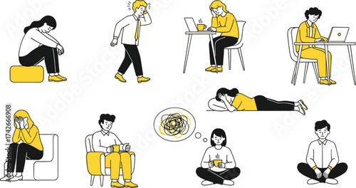 Cartoon emotion illustration, black white yellow, mental health concept, working from home, stress pose, sadness gesture, lifestyle character set