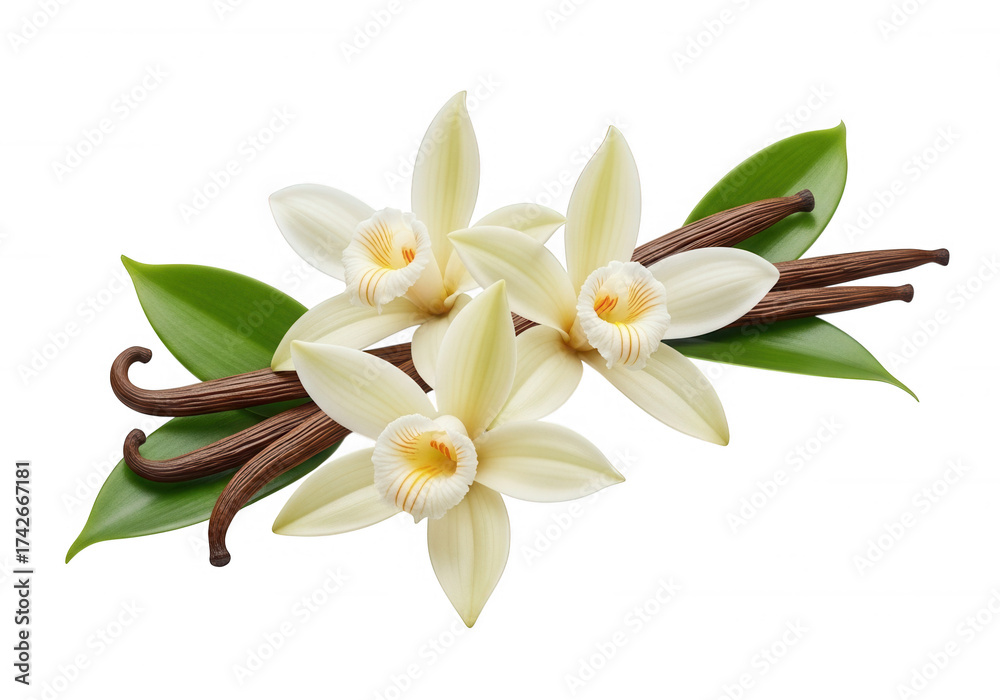Fototapeta premium Vanilla flowers and pods isolated on a transparent background