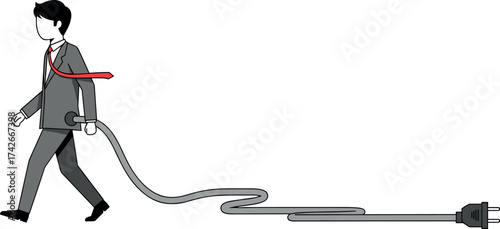 Business cartoon illustration, power plug concept, professional character, energy metaphor, motion, autonomy, connection, workplace creativity, vector design, white background, red tie