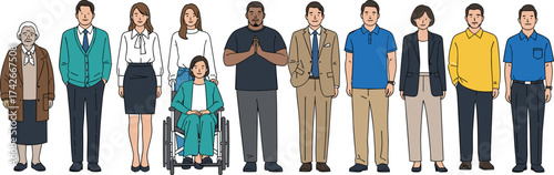 Diverse group of people including wheelchair user, mixed ages and attire, inclusive society concept, vector illustration for community and representation