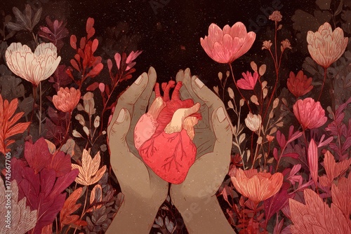 Hands Gently Hold a Vibrant Anatomical Heart