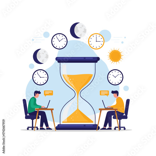 People working on laptops around an hourglass showing the passage of time with celestial bodies in the background.