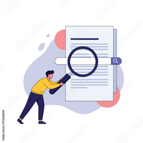 Searching for information through a magnifying glass with a search bar illustration.