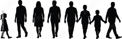 Large family walking together silhouette illustration of parents children and grandparents generations unity concept vector art on white background