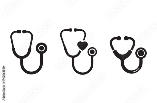 - Elegant Stethoscope Silhouette Sheet – Black Line Vector Icons