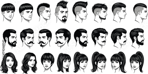 Hairstyle and Facial Hair Silhouette Vector Set Featuring Male and Female Headshots with Diverse Cuts, Beards, Mustaches, and Styles