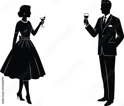 Elegant couple holding drinks, vintage party illustration, man and woman silhouette, formal attire concept, retro fashion evening, celebration and social gathering vector