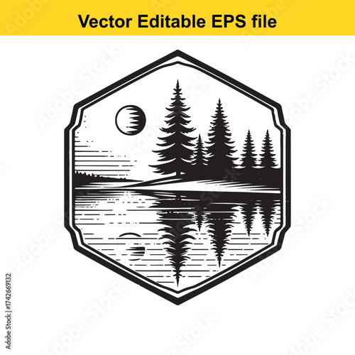 Vector art of pine forest reflection on a lake under a moonlit sky