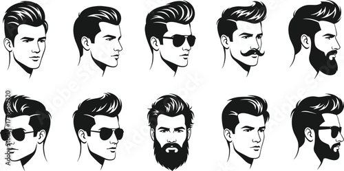 Male Hairstyle and Beard Silhouette Set Featuring Diverse Haircuts, Facial Hair, Accessories, and Profiles for Fashion, Grooming, and Design