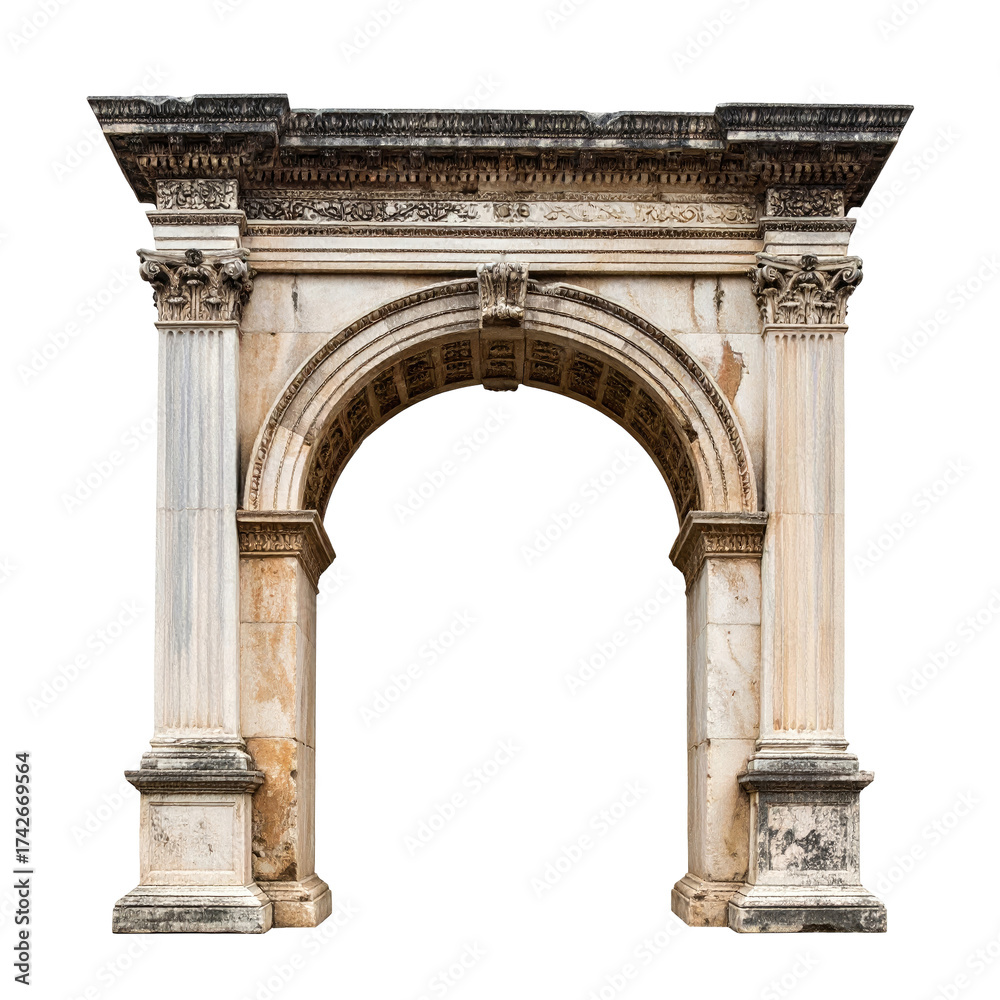 Fototapeta premium Stone architectural archway, classical style, with columns and intricate detailing, black background