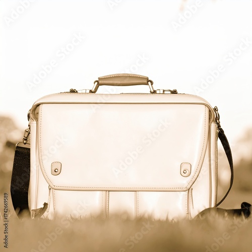 Business Briefcase in Monochrome, Outdoor Setting, Minimalist Style, Professional Environment, Ground Level View