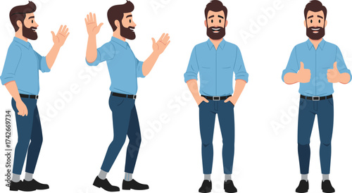 Men in colorful suits with relaxed poses and fashion details for formal wear, style comparison, and modern vector illustration themes