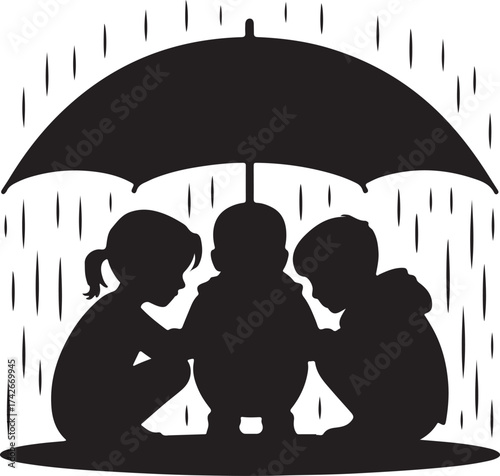 Children under the umbrella are hiding from the rain, silhouette vector