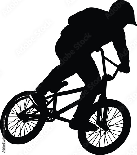 Silhouette of BMX cyclist performing stunt, extreme sport rider on bicycle, adventure and action concept, isolated black vector illustration for design, competition