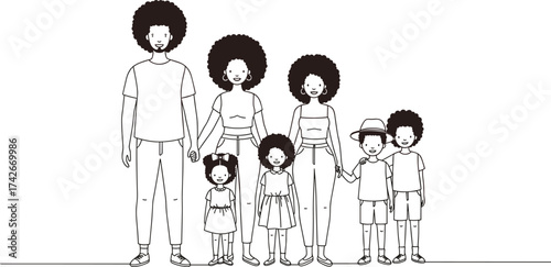 Happy African American family standing together, parents and children holding hands, unity and love concept, diverse family portrait illustration, vector art