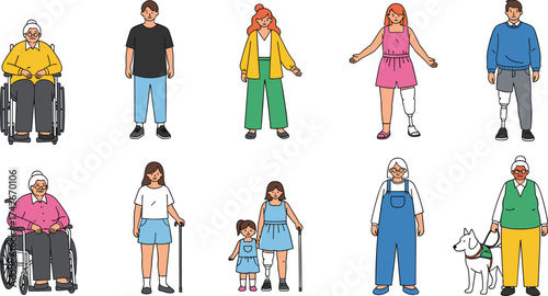 clusive character illustration, diverse people, disability representation, cartoon group, wheelchair users, prosthetic leg, guide dog, age diversity, casual fashion, social awareness