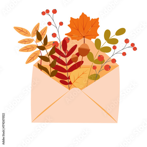 Envelop with a fall colorful leaves. Plant composition. Clipart, decorative element. Isolated on white. Vector illustration.