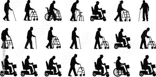 Mobility aid silhouettes of diverse individuals using walkers, wheelchairs, scooters, black vector icons for accessibility, healthcare, and inclusion themes
