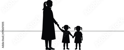 Mother holding hands with two young daughters standing together on plain background family love silhouette vector illustration for design