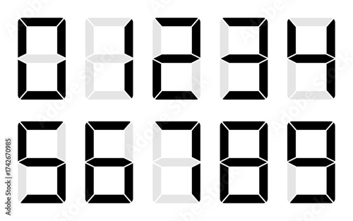 Digital seven segment number display electronic numberals numeric font black white modern template