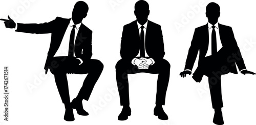 Business posture silhouettes, seated professional figures, corporate body language vector, office gesture illustration, workplace behavior design, executive sitting poses, nonverbal communication conc