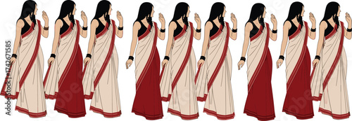 Traditional Indian saree woman in cream and maroon attire, side profile gesture, cultural fashion vector for ethnic design themes