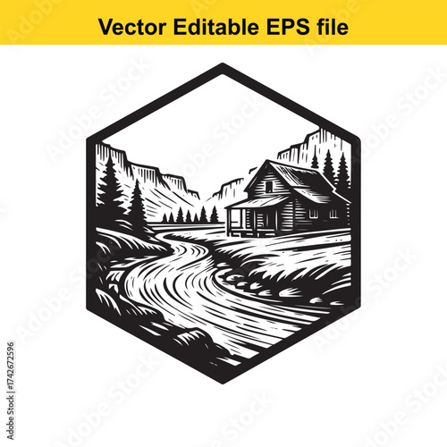 Vector art of rustic cabin nestled beside a winding river in a mountainous landscape