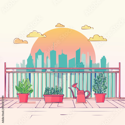 Urban balcony garden scene with potted plants and watering can against a vibrant sunset cityscape panorama illustration