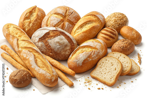 All kinds of breads, presented on a white background