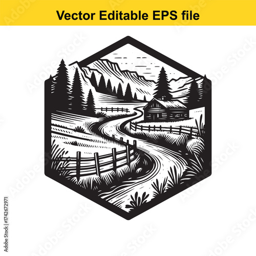 Vector art of scenic view of a cabin, river, and fence in a hilly, wooded area