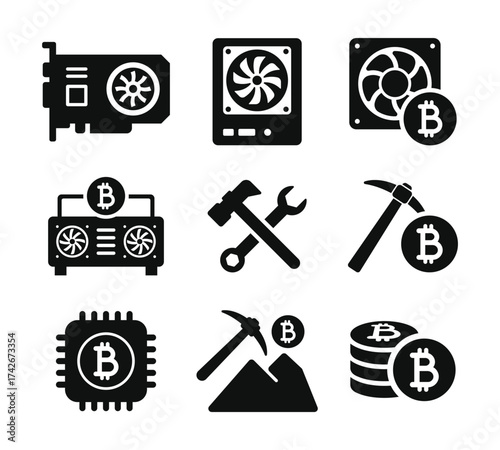 Set of cryptocurrency and bitcoin mining icons including gpu, processor, pickaxe, cooling fan, and digital currency symbols