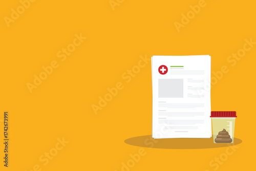 Stool analysis. Stool test icon. Medical sample in a glass tube and clipboard. Laboratory container with excrement. Vector illustration flat cartoon design.	