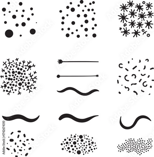 Black and white microorganism icon set with bacteria, viruses, and microscopic patterns in scientific line style
