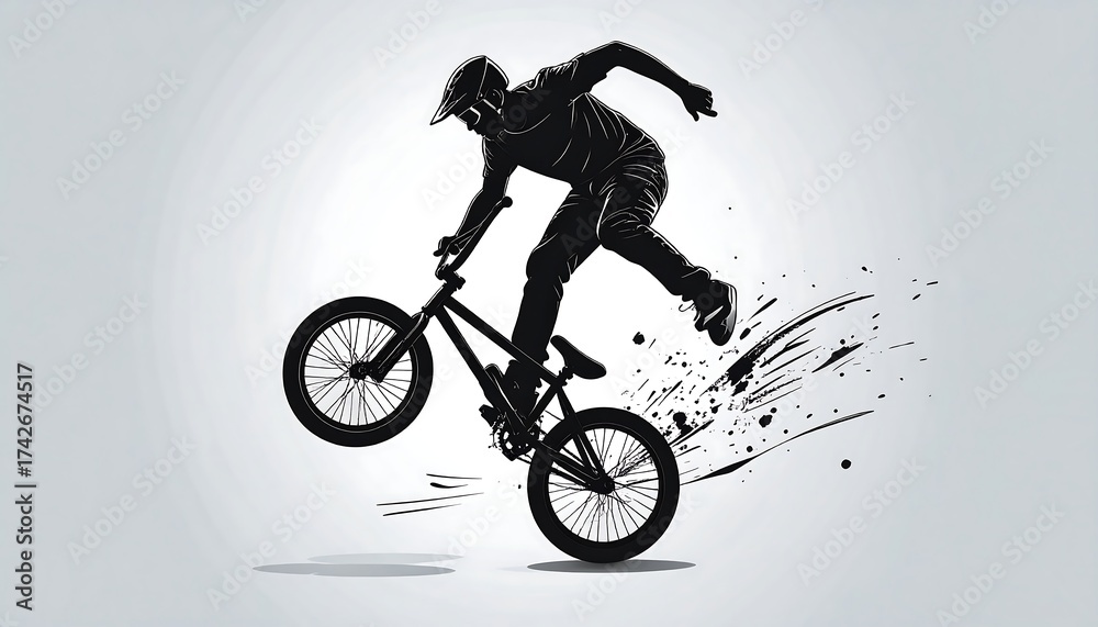 Fototapeta premium Silhouette of a BMX rider mid-trick, with a wheelie pose and splash effects on a gradient white background