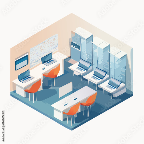 Isometric view of modern server room or data center rendered in stylized illustration with computer equipment and vibrant orange accents