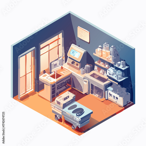 Isometric view of a stylized laboratory with advanced equipment and supplies in a bright, sunlit room, ready for scientific studies