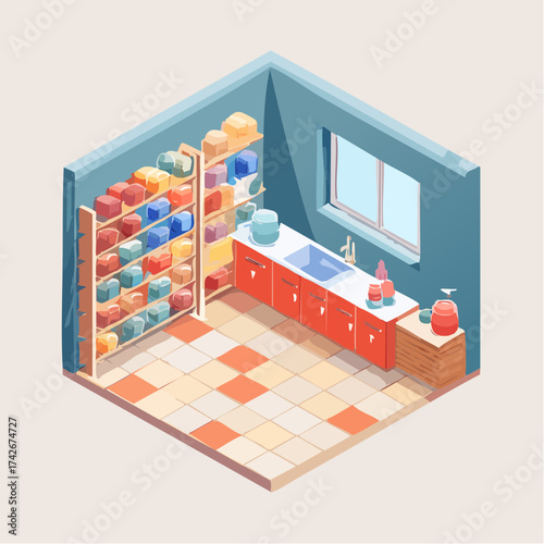 Isometric view of a stylized cleaning room interior design featuring shelves with supplies and a sink, minimalist aesthetic cartoon illustration