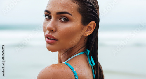 Wallpaper Mural A stunning woman with wet hair stands on a serene beach, water droplets glistening on her skin, wearing a swimsuit against the backdrop of the ocean. Torontodigital.ca