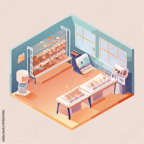 Isometric view of a butcher shop with windows showcasing meat cuts on display, a digital scale, commercial refrigerator, and sales counter for fresh
