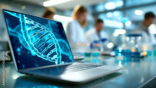 Laptop on a lab desk processing DNA sequences, with anonymous scientists conducting research in the background, genetic sequence laptop analysis, modern science lab technology, DNA