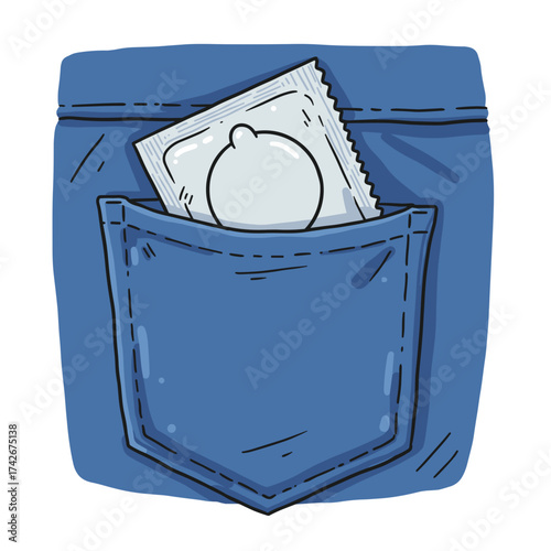 Condom in jeans pocket close-up with blue denim background  