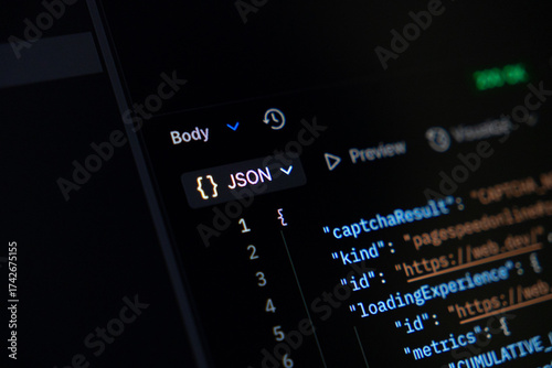 JSON programming code visible on a dark computer screen, illustrating data exchange protocols fundamental for modern web development and backend applications