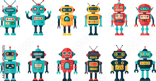 Cartoon robot character set, colorful AI illustration pack, playful tech designs, futuristic machine icons, kids friendly robot collection, vector robot art