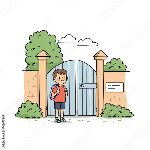 Child standing by school gate with backpack and smiling  