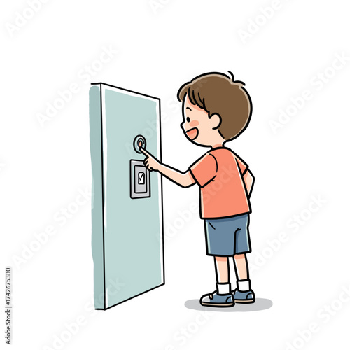 Boy pressing elevator button with a smile in a bright setting  